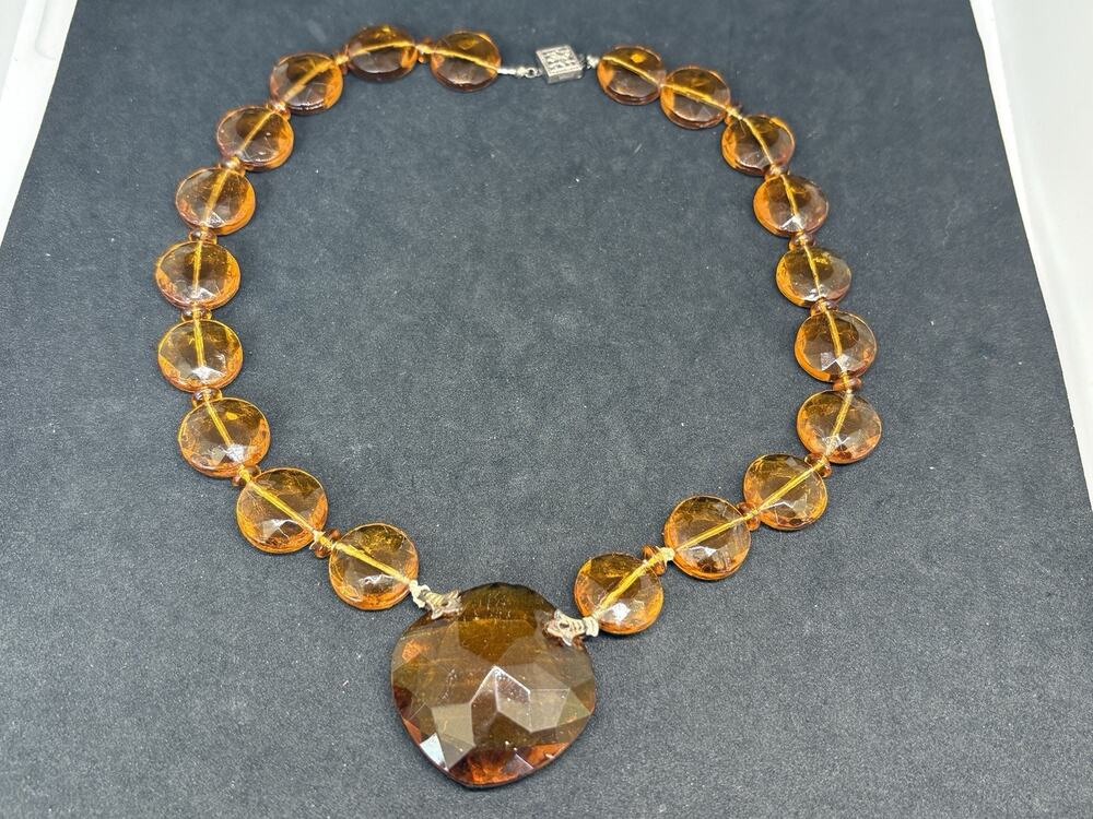 Vintage Czech Bohemian Amber Yellow Glass Faceted Beaded Necklace 16"